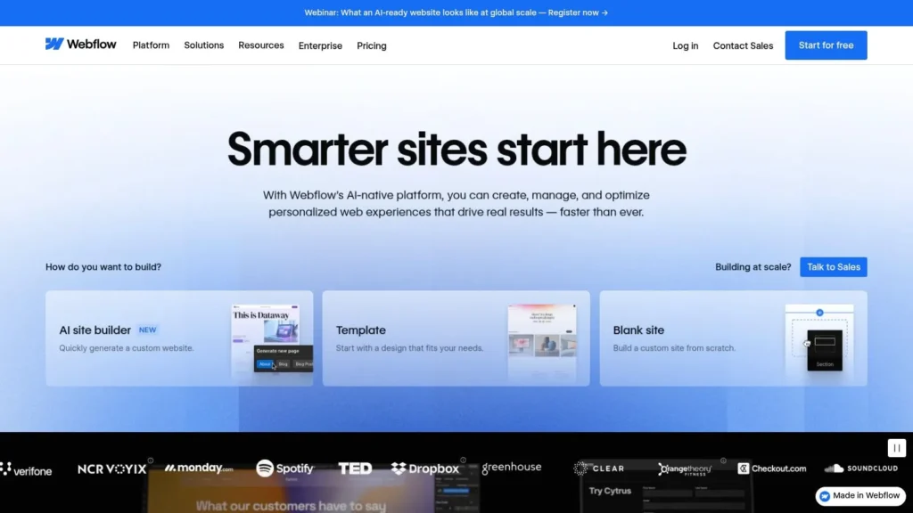 Webflow homepage with headline “Smarter sites start here” showing AI site builder, templates, and website creation options.