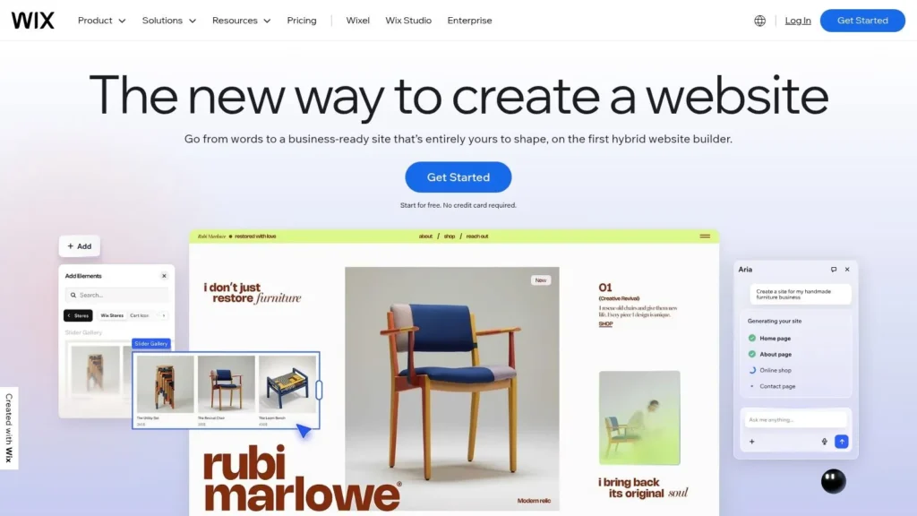 Wix website builder homepage showing drag-and-drop editor, site templates, and headline “The new way to create a website.”