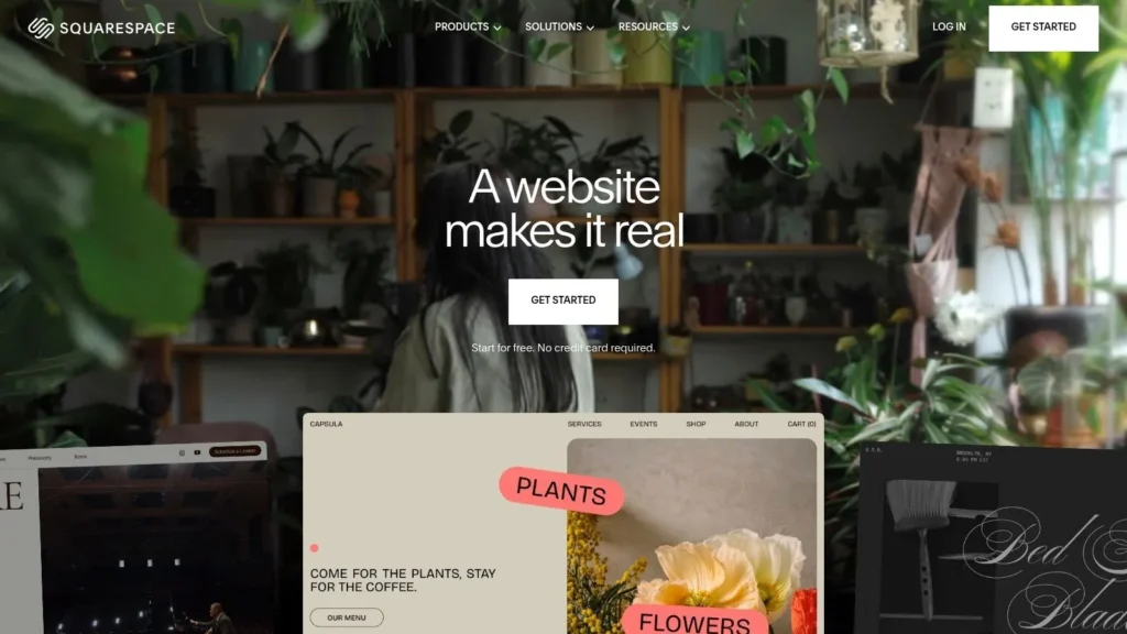 Squarespace homepage with headline “A website makes it real” and example site templates displayed below.