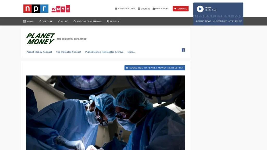 Planet Money podcast page on NPR site showing episode content and banner image with surgeons during an operation.