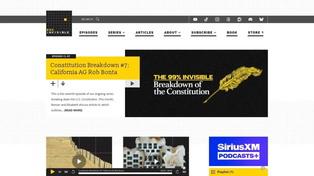 99% Invisible podcast webpage showing “Breakdown of the Constitution” episode with navigation menu and episode artwork.