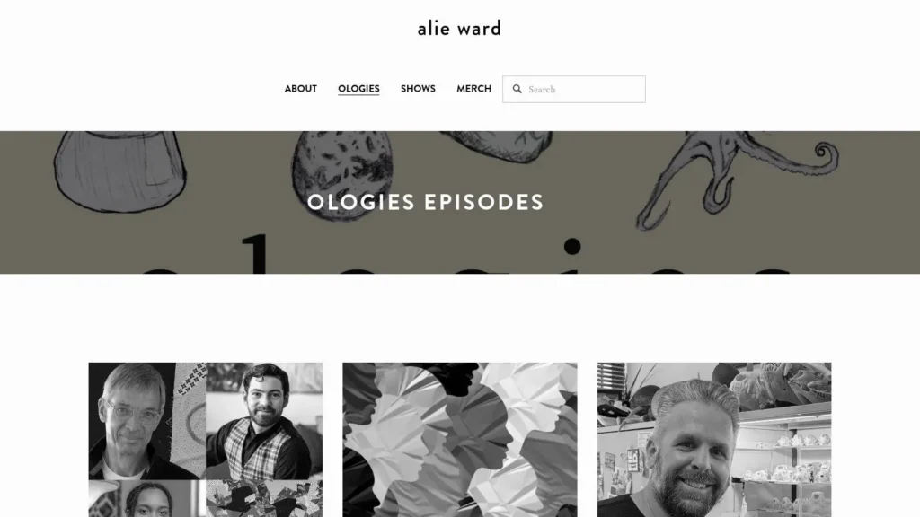 Ologies podcast website by Alie Ward showing episodes page with guest portraits and navigation menu.
