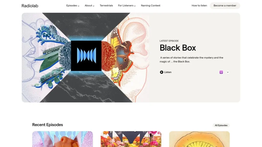 Radiolab podcast webpage showing the “Black Box” episode with artwork and navigation menu.