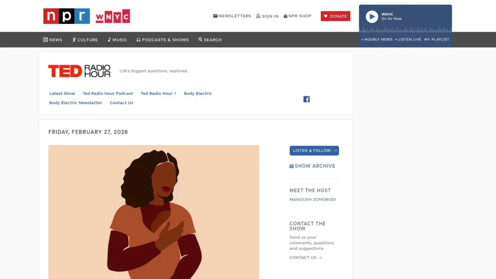 TED Radio Hour podcast page on NPR website showing episode artwork, navigation menu, and show details.