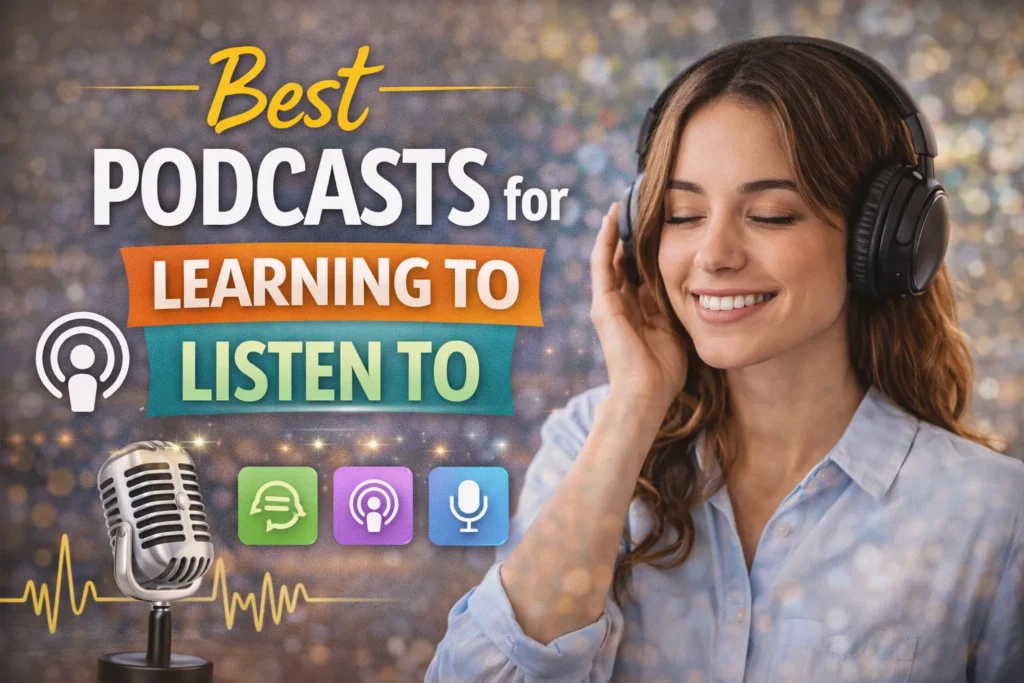 Woman wearing headphones listening to podcasts with microphone and app icons, thumbnail about best podcasts for learning.