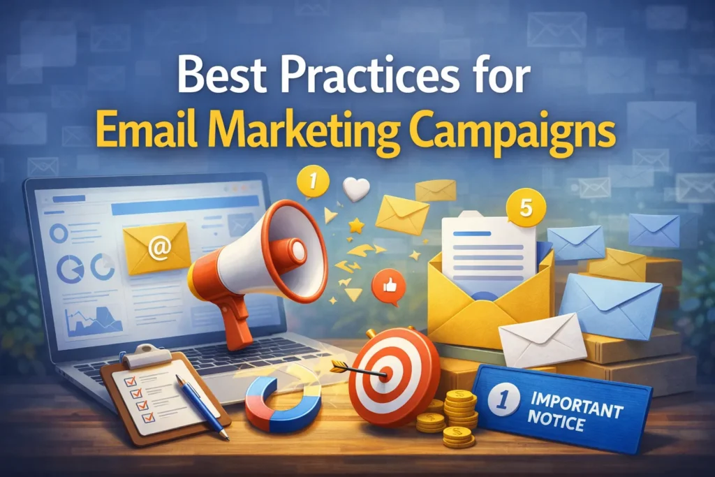 Email marketing concept with laptop dashboard, envelopes, megaphone, target, and analytics icons illustrating campaign strategy.