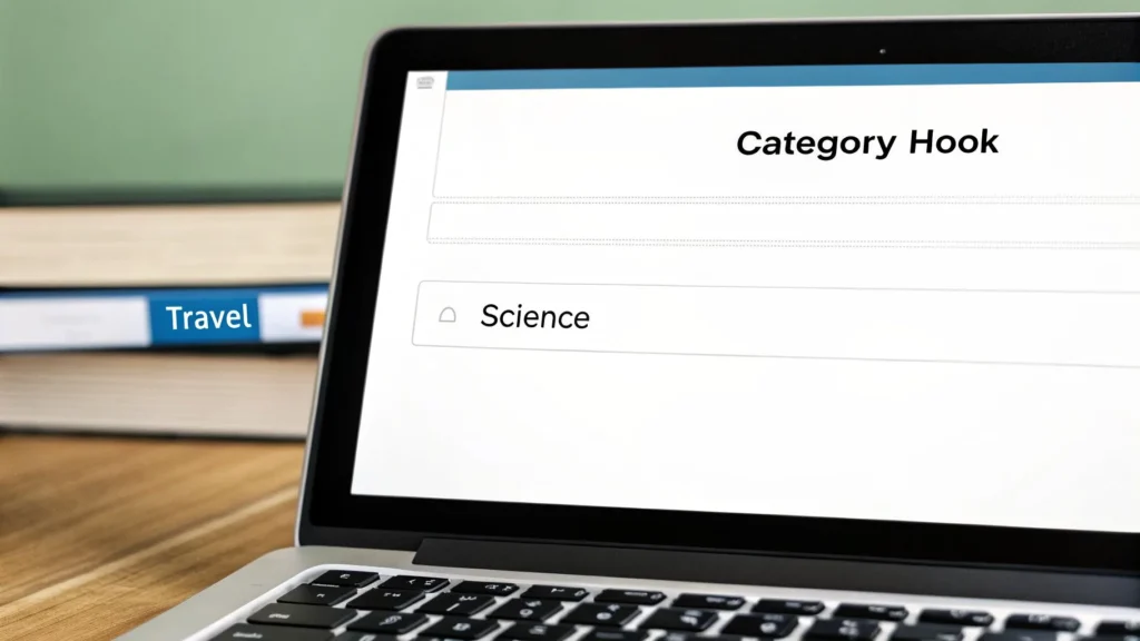 Laptop screen showing category hook selection with “Science,” illustrating topic targeting for an email marketing campaign.