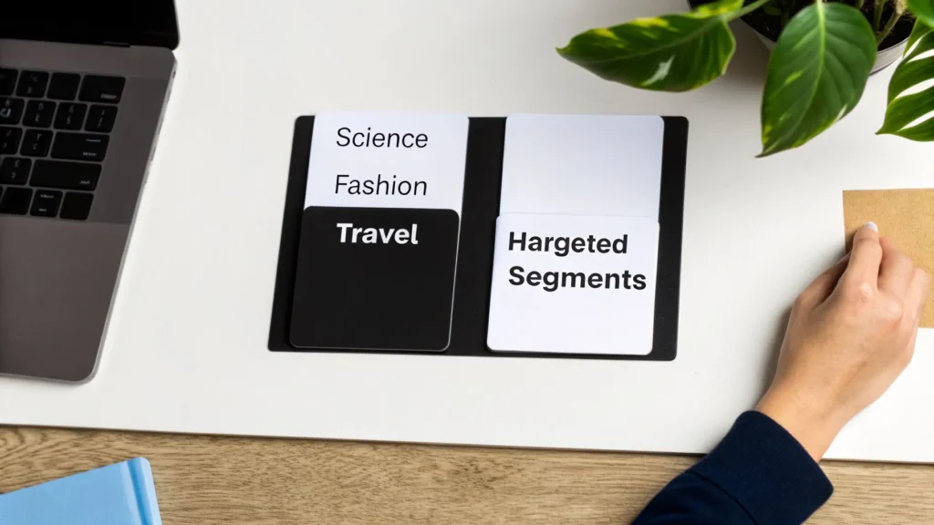 Cards labeled Science, Fashion, Travel, and Targeted Segments on a desk, illustrating audience segmentation for marketing campaigns.