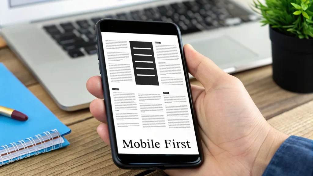 Hand holding smartphone displaying “Mobile First” article layout, illustrating mobile-optimized email marketing or website design.