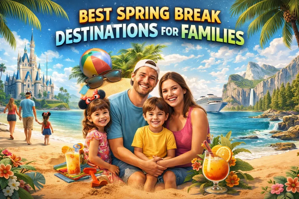 Family enjoying beach vacation with kids, tropical scenery, cruise ship, and resort landmarks for best spring break destinations.