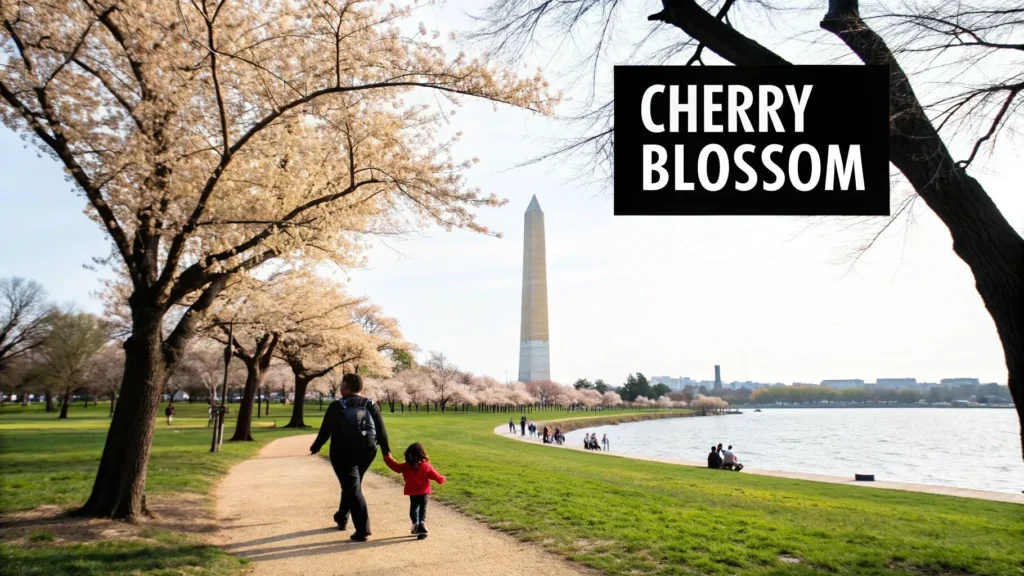 Top 10 Best Spring Break Destinations for Families in 2026 Cherry blossoms along path near Washington Monument, with parent and child walking by the water in spring.