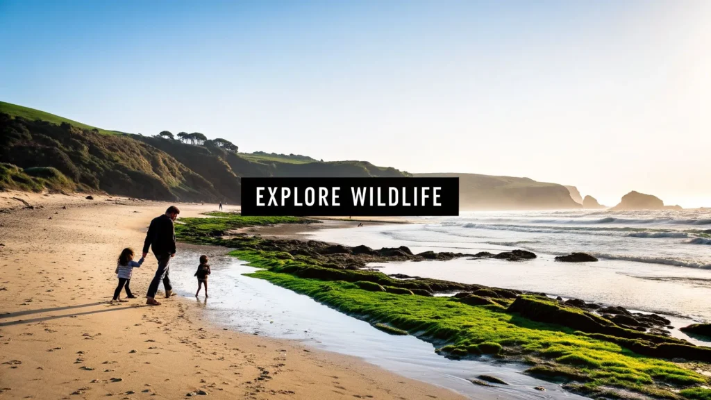 Top 10 Best Spring Break Destinations for Families in 2026 Family walking along beach with tide pools and cliffs, labeled “Explore Wildlife” in a scenic coastal setting.