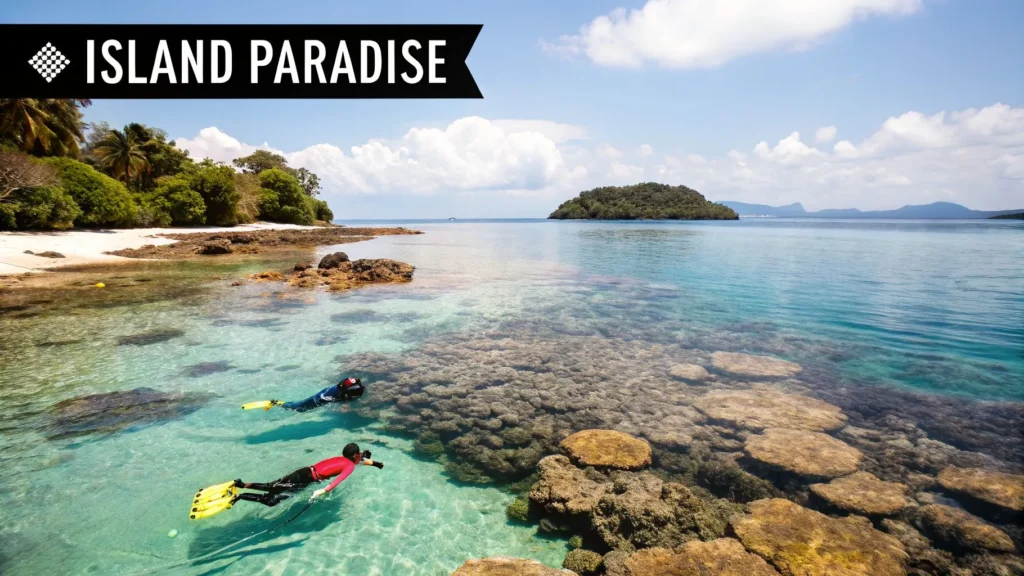 Top 10 Best Spring Break Destinations for Families in 2026 Snorkelers explore coral reef in clear tropical water near sandy island beach labeled “Island Paradise”.