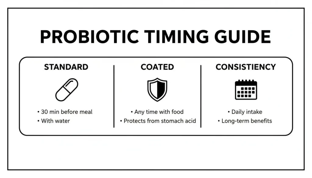 Probiotic timing guide infographic showing when to take standard and coated probiotics and the importance of daily consistency.
