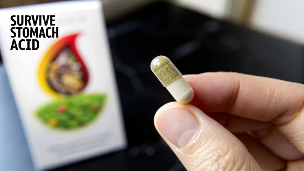 Close-up of a probiotic capsule held between fingers with text ‘Survive Stomach Acid’ illustrating acid-resistant probiotics.