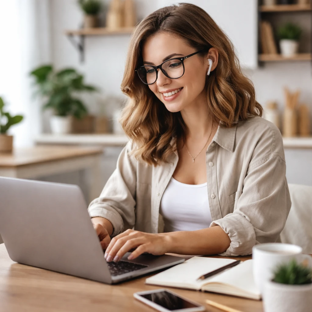 a woman blogger in glasses making an article on laptop in the bright room