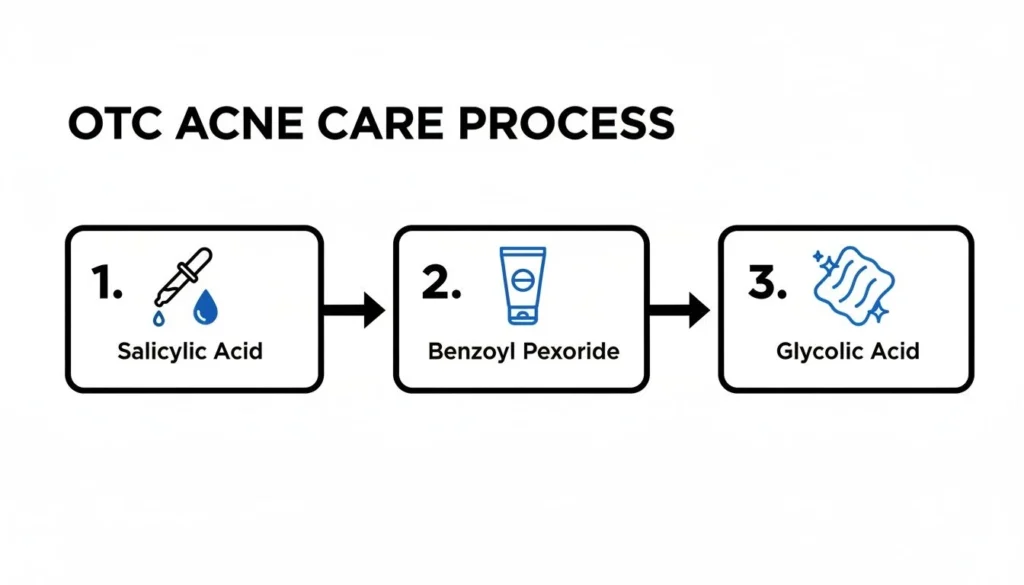 Infographic showing OTC acne care process: salicylic acid, benzoyl peroxide, and glycolic acid steps.