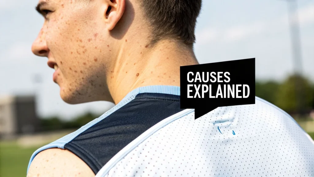 Close-up of acne on neck and back of person in sports shirt, labeled “Causes Explained”.