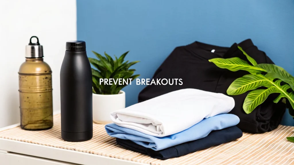 Workout clothes, water bottles, and plants on a table with text “Prevent Breakouts”.