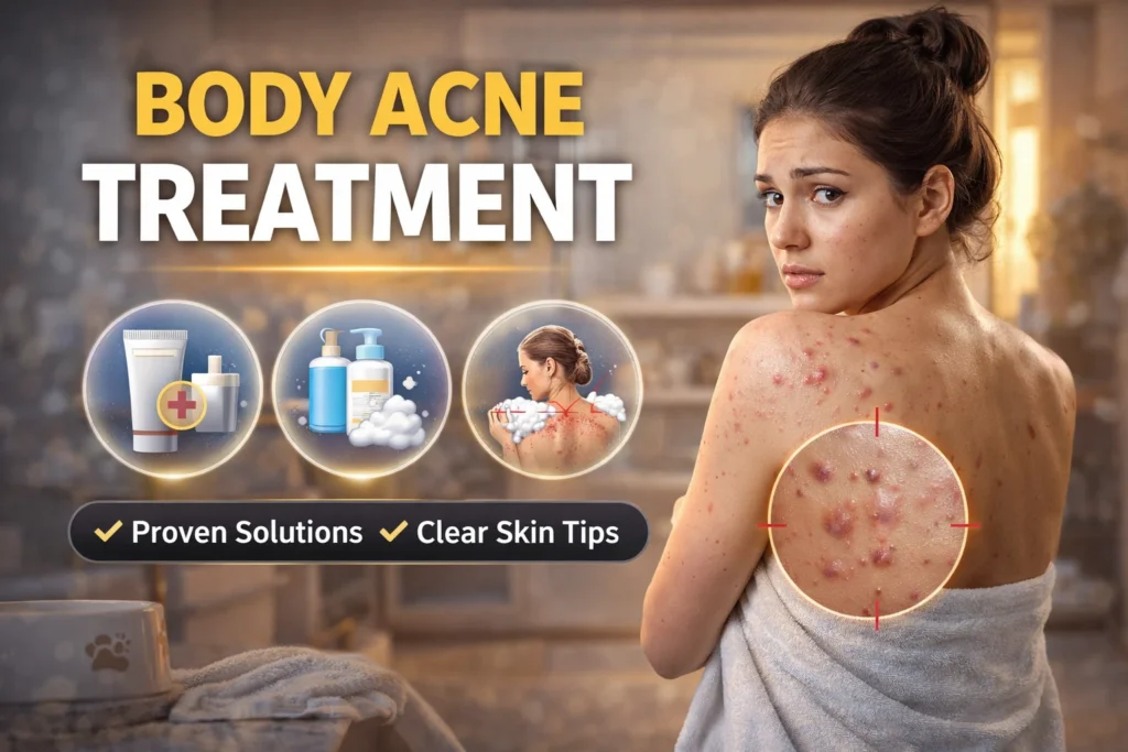Woman with back acne in bathroom with skincare product icons and text “Body Acne Treatment” highlighting solutions and tips.