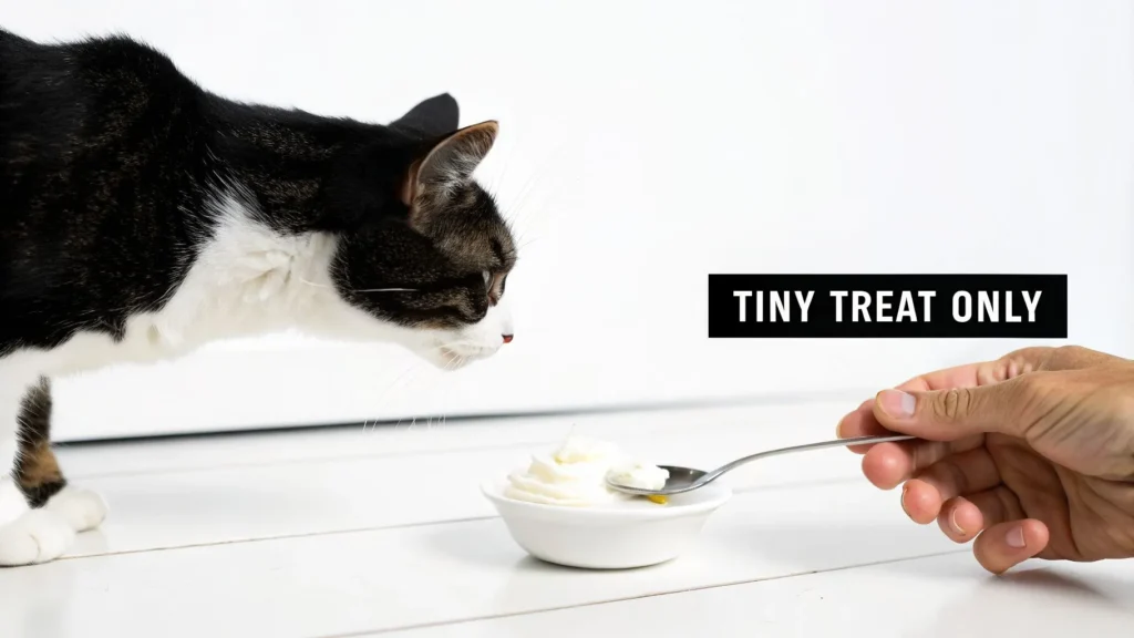 Cat sniffing a small bowl of yogurt while a hand offers a spoon, with text “Tiny Treat Only”.