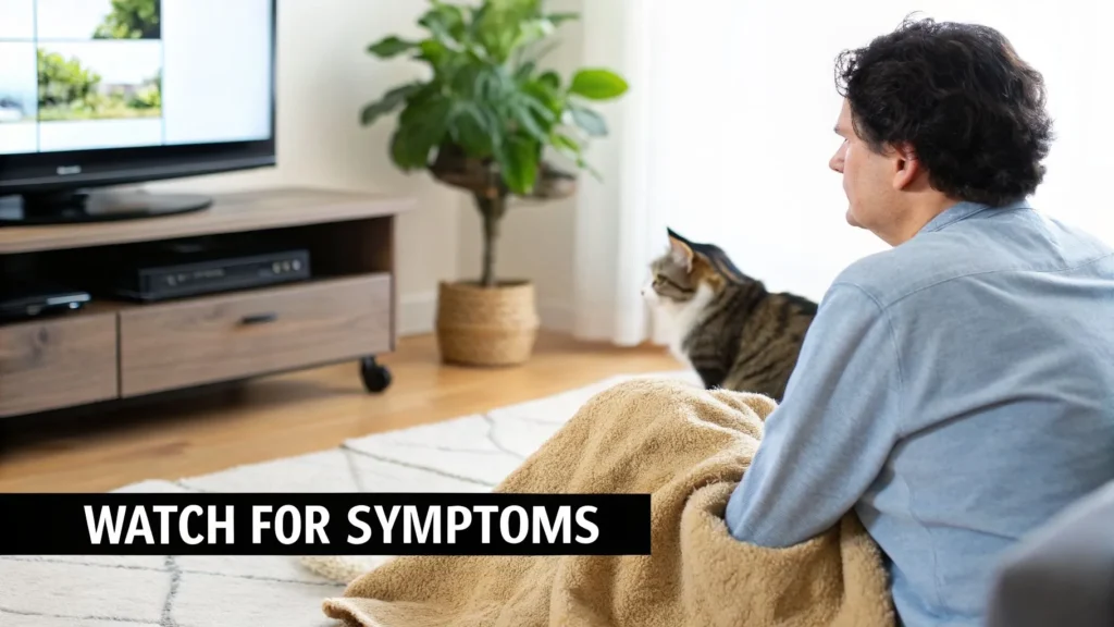 Man sitting with cat watching TV, wrapped in blanket, with text “Watch for Symptoms”.