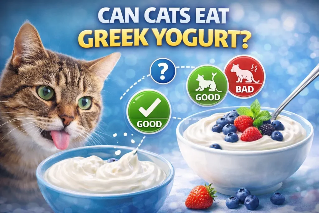 Can Cats Eat Greek Yogurt? A Guide for Curious Owners Cat next to bowls of Greek yogurt with good and bad icons, illustrating whether cats can safely eat yogurt.