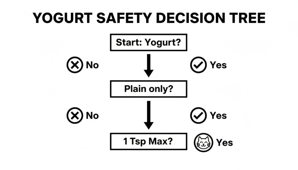 Yogurt safety decision tree: plain only, up to 1 tsp max for cats; avoid flavored or non-plain yogurt.