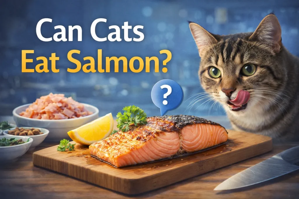 Can Cats Eat Salmon? A Vet-Approved Guide for Owners Tabby cat looking at cooked salmon on cutting board with text “Can Cats Eat Salmon?” in kitchen setting.