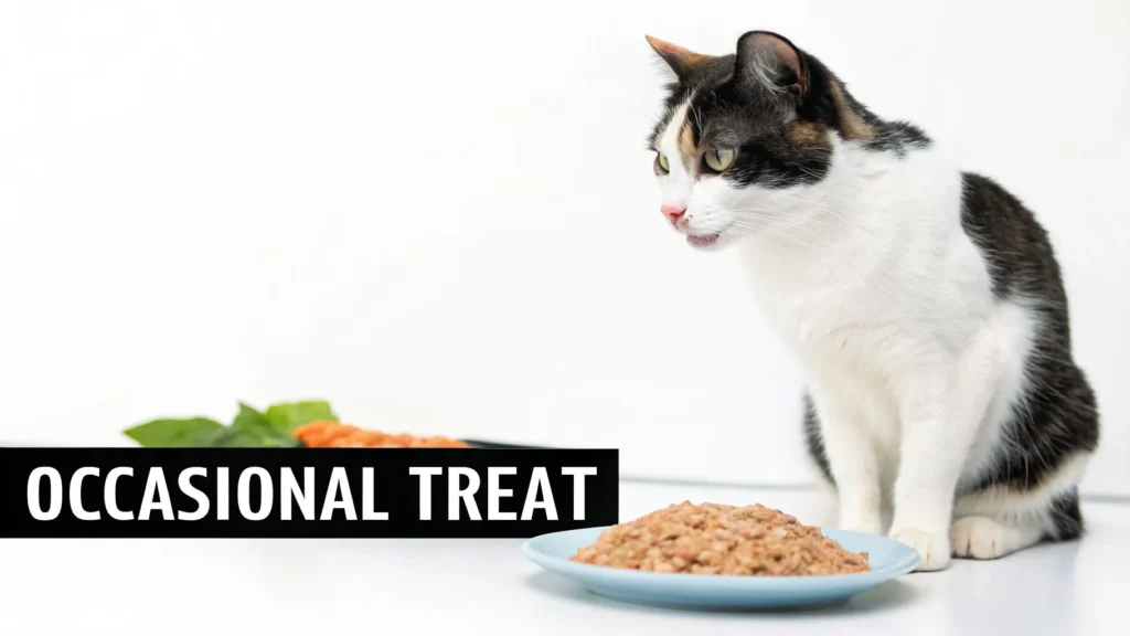 Cat sitting beside plate of salmon labeled “Occasional Treat,” illustrating safe occasional treats in a cat’s diet.