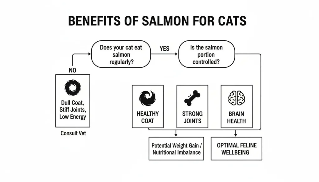 Flowchart showing benefits of salmon for cats, including healthy coat, strong joints, and brain health with portion control.