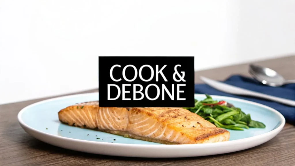 Cooked salmon fillet on plate with greens and text “Cook & Debone,” illustrating safe preparation of salmon for cats.