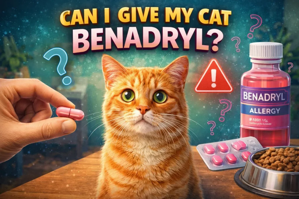 Cat looking at Benadryl pills in hand with warning icon, bottle, and pet food bowl illustrating safety of giving cats antihistamines.