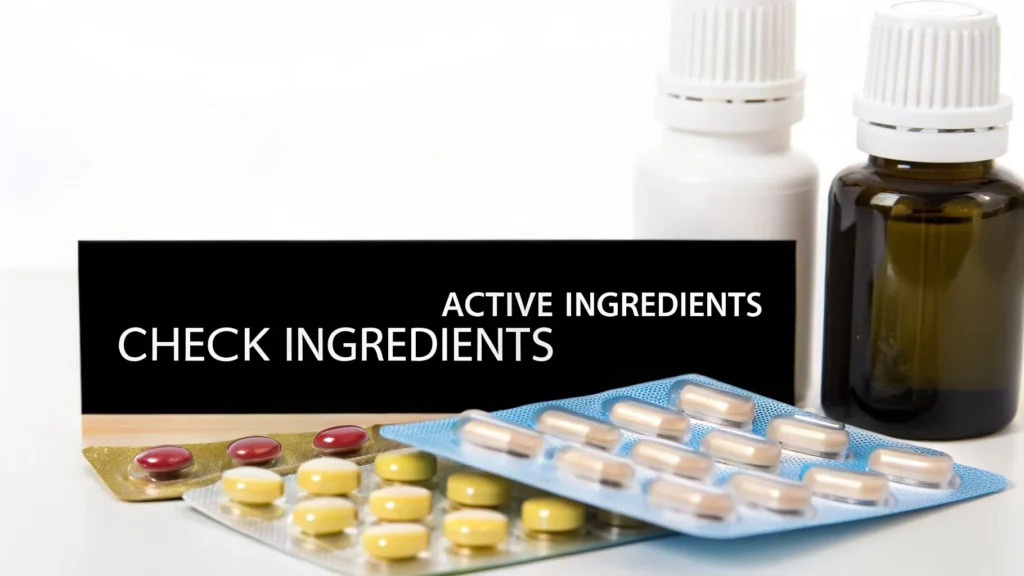 Can I Give My Cat Benadryl? A Vet-Reviewed Safety Guide Pills, capsules, and bottles with text “Check Ingredients” and “Active Ingredients”.