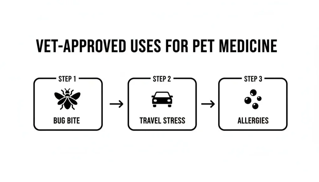 Can I Give My Cat Benadryl? A Vet-Reviewed Safety Guide Infographic showing vet-approved uses for pet medicine: bug bites, travel stress, and allergies.
