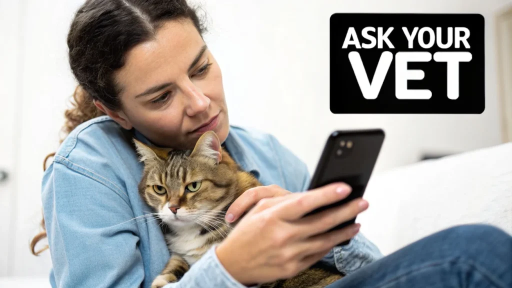 Can I Give My Cat Benadryl? A Vet-Reviewed Safety Guide Woman holding a cat and using a smartphone with text “Ask Your Vet”.