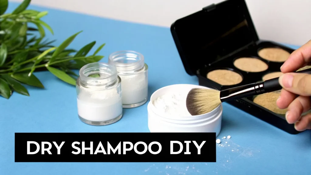 Makeup brush dipping into homemade dry shampoo powder with jars and palette, illustrating DIY natural hair care.
