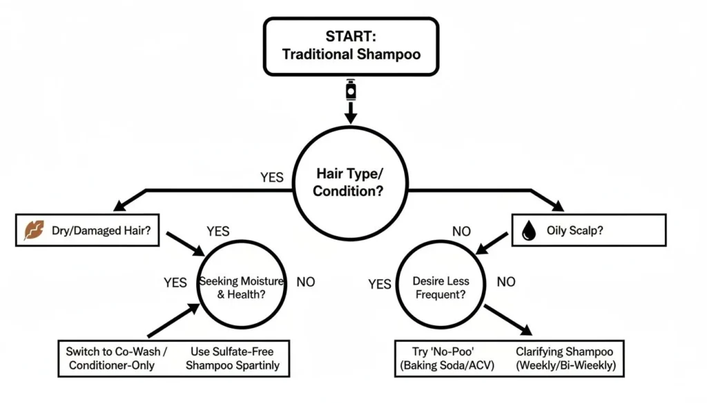 Flowchart showing alternatives to traditional shampoo based on hair type, dryness, or oily scalp conditions.
