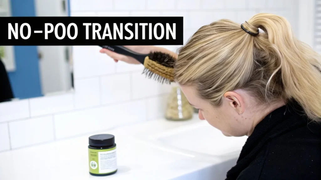 Woman brushing hair in bathroom during “no-poo” transition, illustrating natural hair care without shampoo.