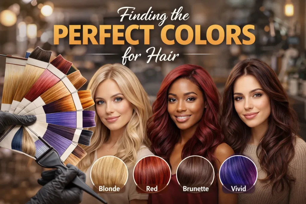 Hair color selection thumbnail with three women and shade palette showing blonde, red, brunette, and vivid options in salon setting