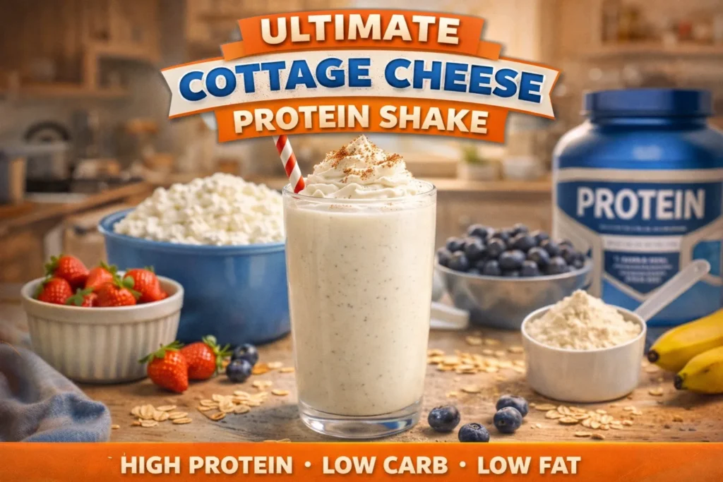 Cottage cheese protein shake with berries, oats, and protein powder on kitchen counter, labeled high protein, low carb, low fat.