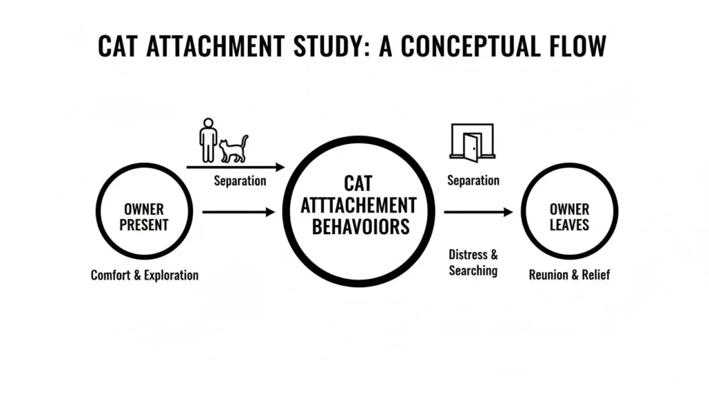 Infographic showing cat attachment study: owner present, separation, distress, and reunion behaviors in cats.