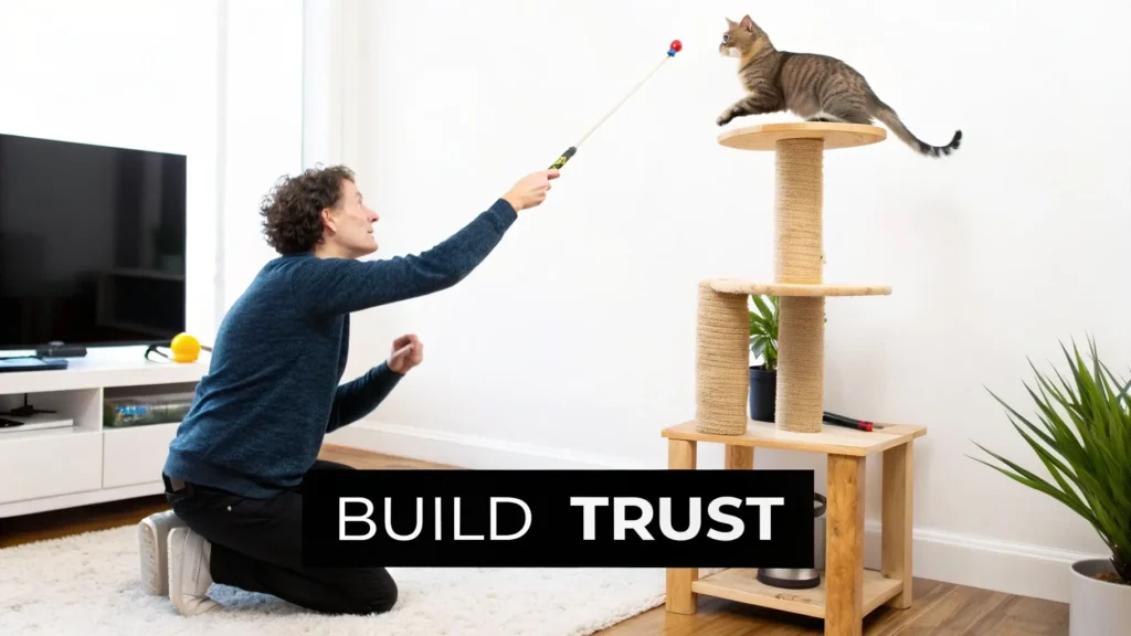 Man playing with cat on cat tree using toy wand with text “Build Trust,” showing bonding and trust-building with a pet cat.