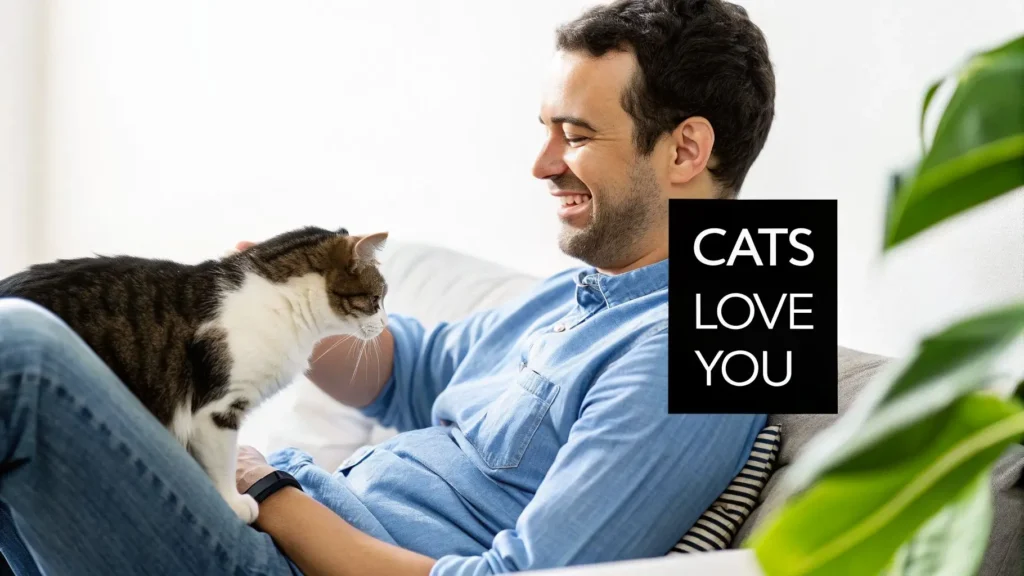 Man sitting on couch petting his cat with text “Cats Love You,” illustrating affection between cats and their owners.