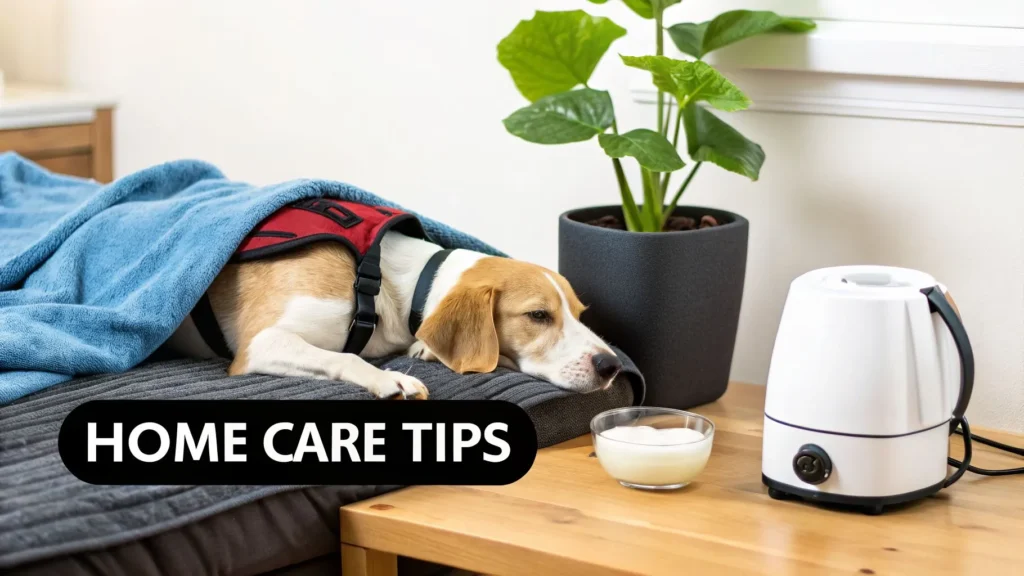 Why Is Your Dog Coughing Up White Foam Sick dog resting under blanket near humidifier and bowl, labeled “Home Care Tips” for treating dog cough at home.