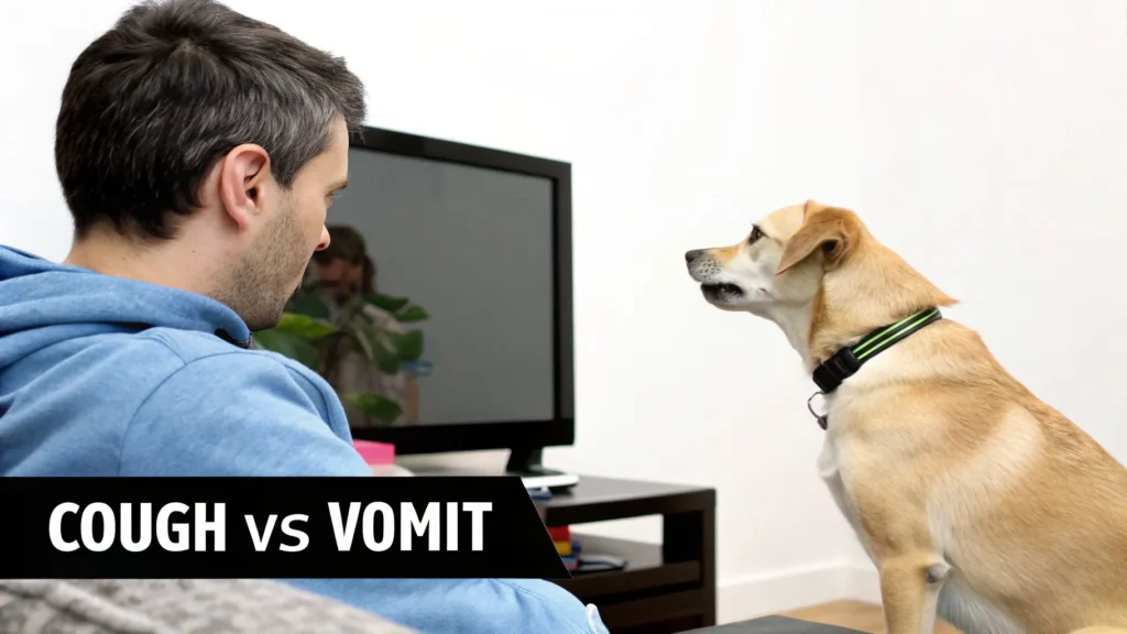 Why Is Your Dog Coughing Up White Foam Dog facing owner with open mouth, labeled “Cough vs Vomit,” illustrating difference between canine cough and vomiting.