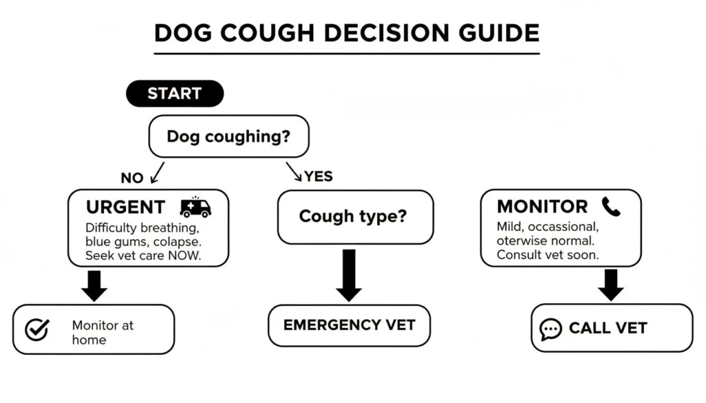 Why Is Your Dog Coughing Up White Foam Dog cough decision guide flowchart showing when to monitor, call vet, or seek emergency care based on symptoms.