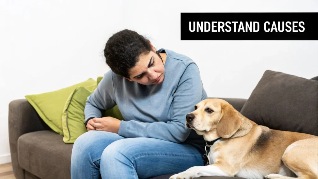 Why Is Your Dog Coughing Up White Foam Concerned owner examining dog on couch, labeled “Understand Causes,” illustrating pet health and cough awareness.