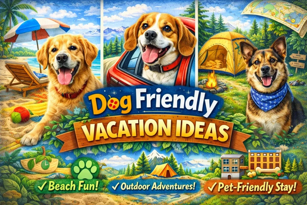 Colorful thumbnail showing dogs at beach, road trip, and campsite with text “Dog Friendly Vacation Ideas” and pet-friendly icons.