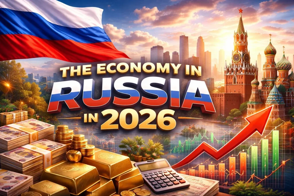 Thumbnail of Russia’s economy in 2026 with Moscow skyline, flag, rubles, gold bars, calculator, and rising chart arrow.